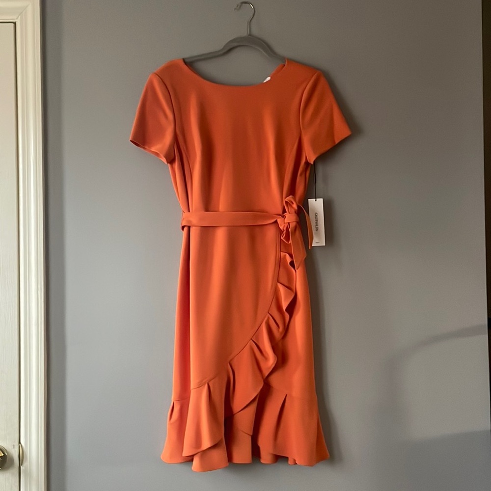 Coral, fun, Calvin Klein dress.